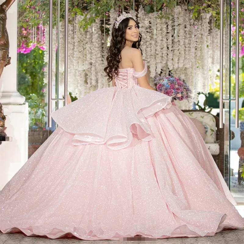 Light pink off-shoulder folded sleeves party dress with fine glitter tulle, layered side, big flared train - Quinceanera gentle princess dress - view 5