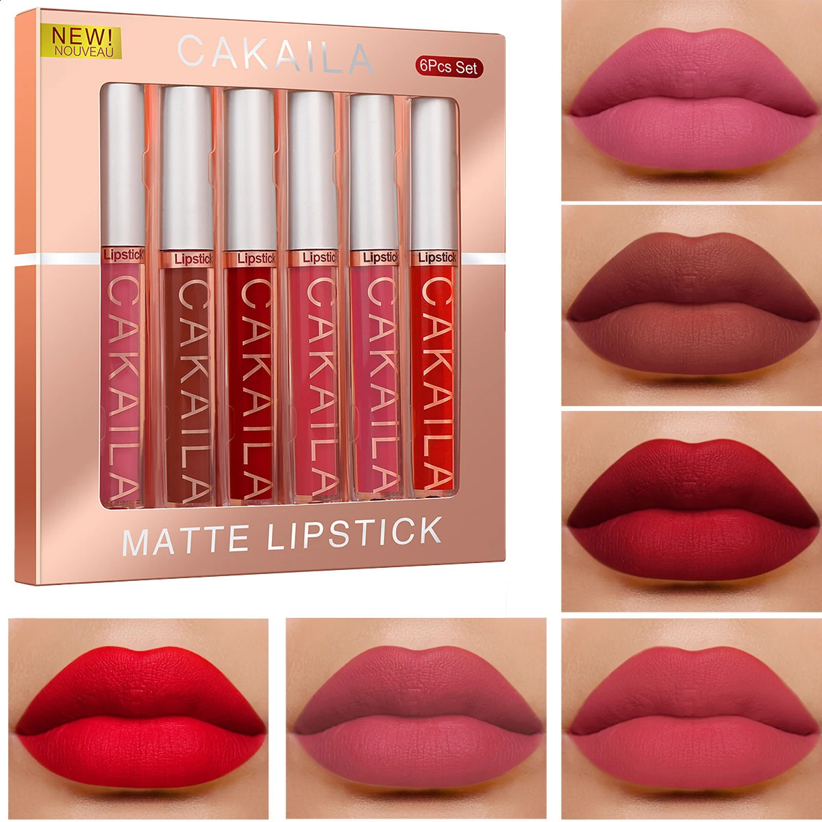 CAKAILA 6-Color Lip Gloss Lipstick Set Liquid Matte Velvet Matte Womens Makeup Long-lasting Waterproof Non-stick Cup Non-fade 260626