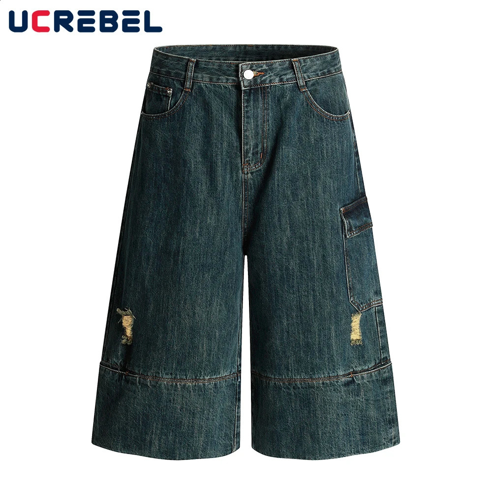 Pocket Spliced Denim Shorts Mens Ripped Washed Distressed Retro High Street Loose Wide Leg Short Pants Men 260625