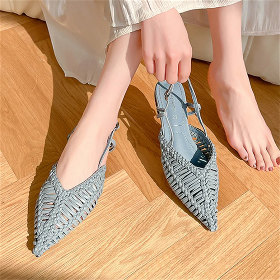 Braided Womens Sandals Summer Pointed Toe Flat Shoes Ladies Blue Hollow Out Beach Mules Gladiator Sandalias Mujer Slippers 260626 - view 5