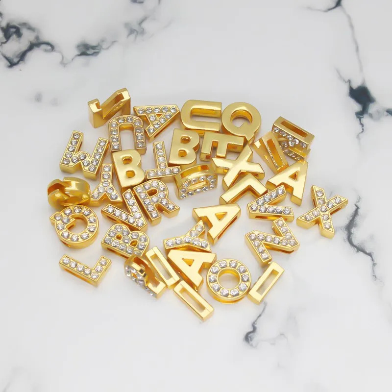 50PC/lot Hole 8mm 10mm Rhinestones Slide Letter Golden English Alphabet slide Charm Fit For DIY Wristband Keychains 260623 - view 1