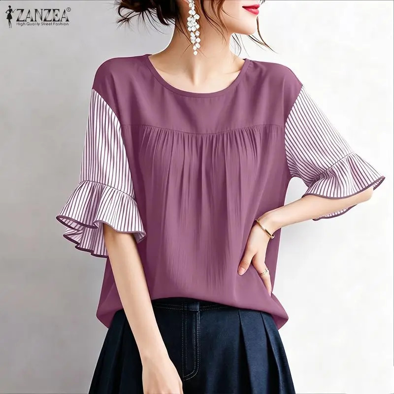 ZANZEA Women Summer Patchwork Blouse Stylish Short Ruffled Sleeve Tops Female Elegant Work Shirt Casual Loose Holiday Tunic 2026 260626 - view 6
