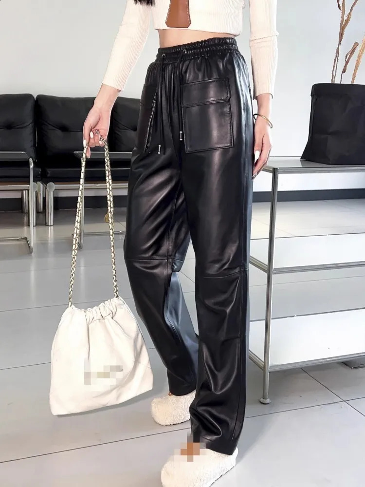 Fashion Women Genuine Leather Sheepskin Pants Spring Autumn High Waist Straight Trousers Street Casual Cargo Female 260625 - view 5