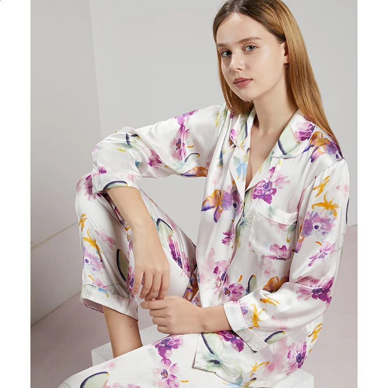 19MM 100 Mulberry Silk Pajama Sleepwear Lady Longsleeved TrousersTwopiece Spring Summer Loose Sexy Home Clothes 260625 - view 6