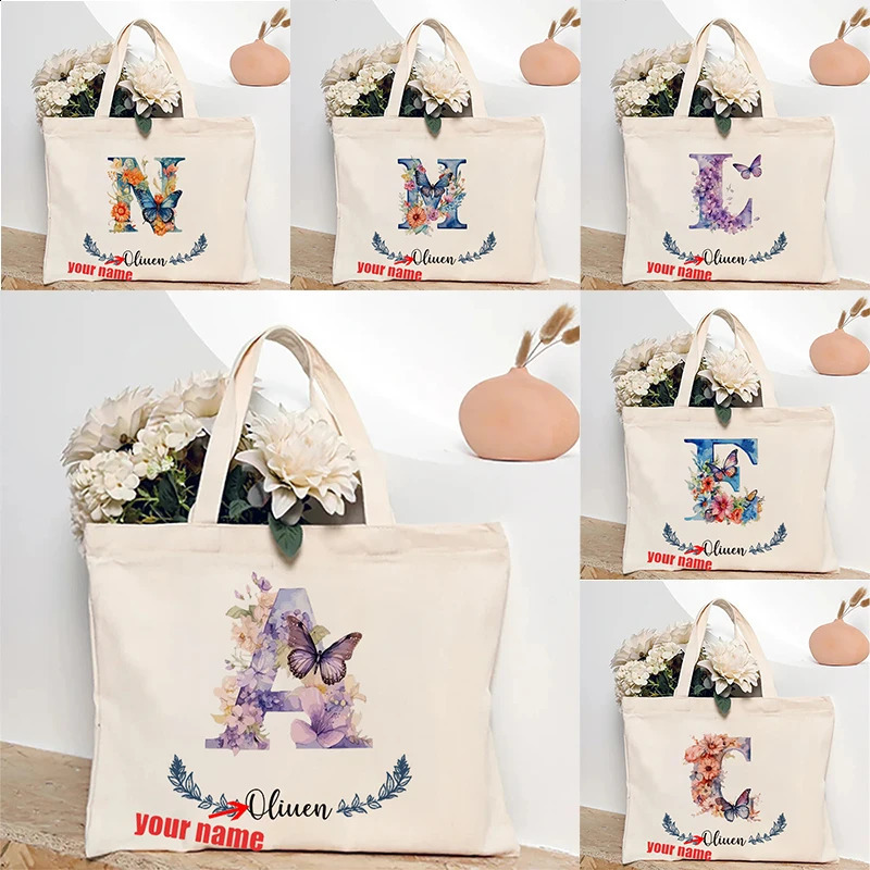 Flower Butterfly Letter Personalized Name Canvas Tote Bag Organizer Romantic Wedding Bridesmaid Party Gift Handbag Shoulder Bags 260625
