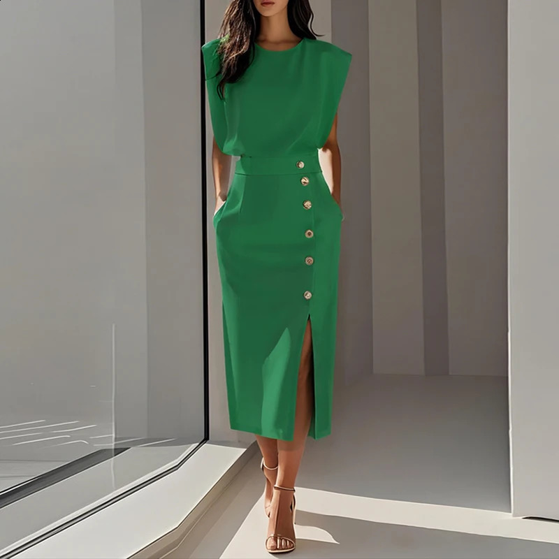 Summer Fashion O Neck Split Women Dress Elegant Solid Slim Button Party Dress Casual Sleeveless High Waisted Office Lady Dresses 260626 - view 5