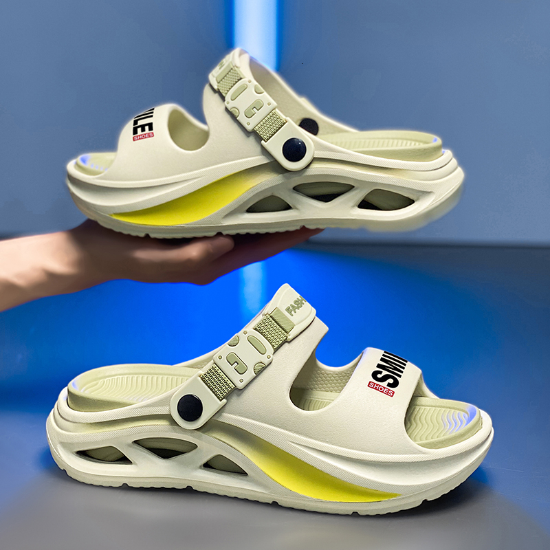 Men Hollow Cutout Platform Sport Slides Adjustable Buckle Heel Strap Letter Print Gradient EVA Thick Cushion Anti Slip Beach Shower Casual Slippers