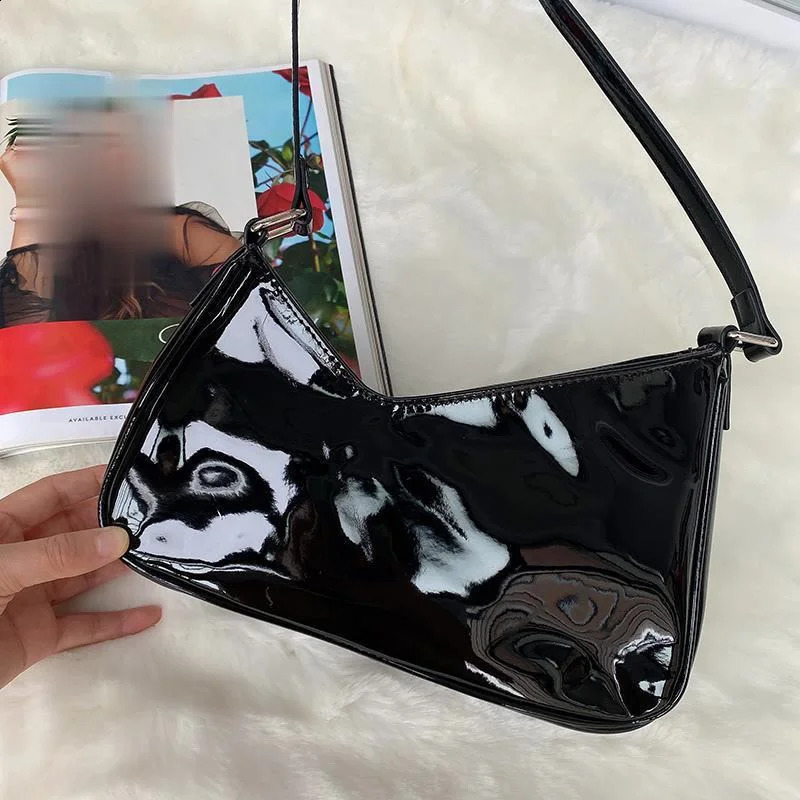 Vintage Women Black Patent Leather Underarm Shoulder Bag Fashion Irregularity Soft Pu Handbags Casual Glossy Totes 260626 - view 7