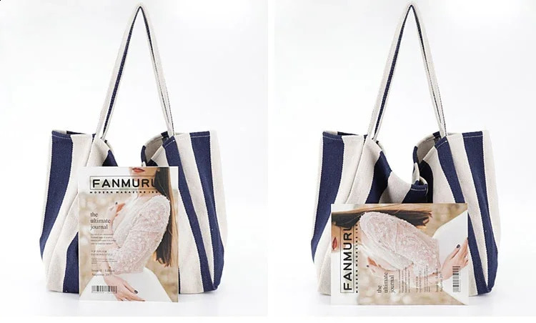 Striped Big Canvas Tote Bag for Women Summer Beach Classical Fabric Soft Large Handbag Female Large Casual Top-handle Bag 260626 - view 3