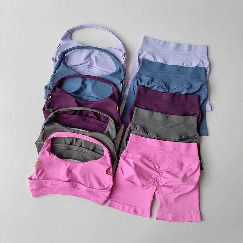 Sexy Beautiful Halter Neck High Waist Peach Sports Bras Shorts Suit Pilates Gathering Yoga Vest Training Fitness Bra Sets M260626 - view 5