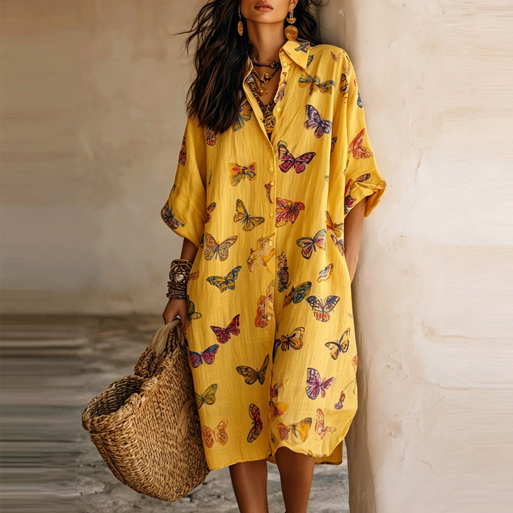Women's Butterfly Print Dress, Lolita-Style Knee-Length Pencil Dress with V-Neck, Three-Quarter Lantern Sleeves, Dropped Waist and Split Detail, Butte - view 4