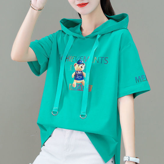 Women S Cotton Short Sleeve Summer Thin Fashion Cartoon Sweatshirt Loose Hooded T Shirt Half Sleeve Top