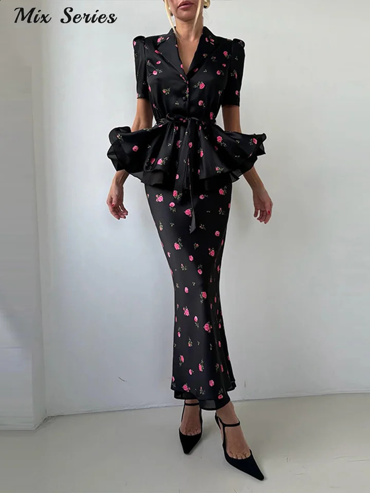 Elegant Printed Slim TwoPiece Set Womens Lapel Ruffle Hem Belt Top Floral Bodycon Skirt 2026 Summer Lady Structured Outfit 260626 - view 5