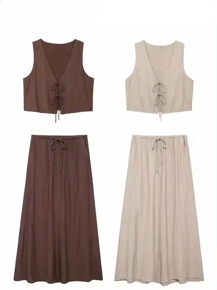 HH Women Vintage Solid Skirt Sets Bow LaceUp Short Vest Top Loose Drawstring Midi Skirts Summer Female Streetwear Outfit 260625