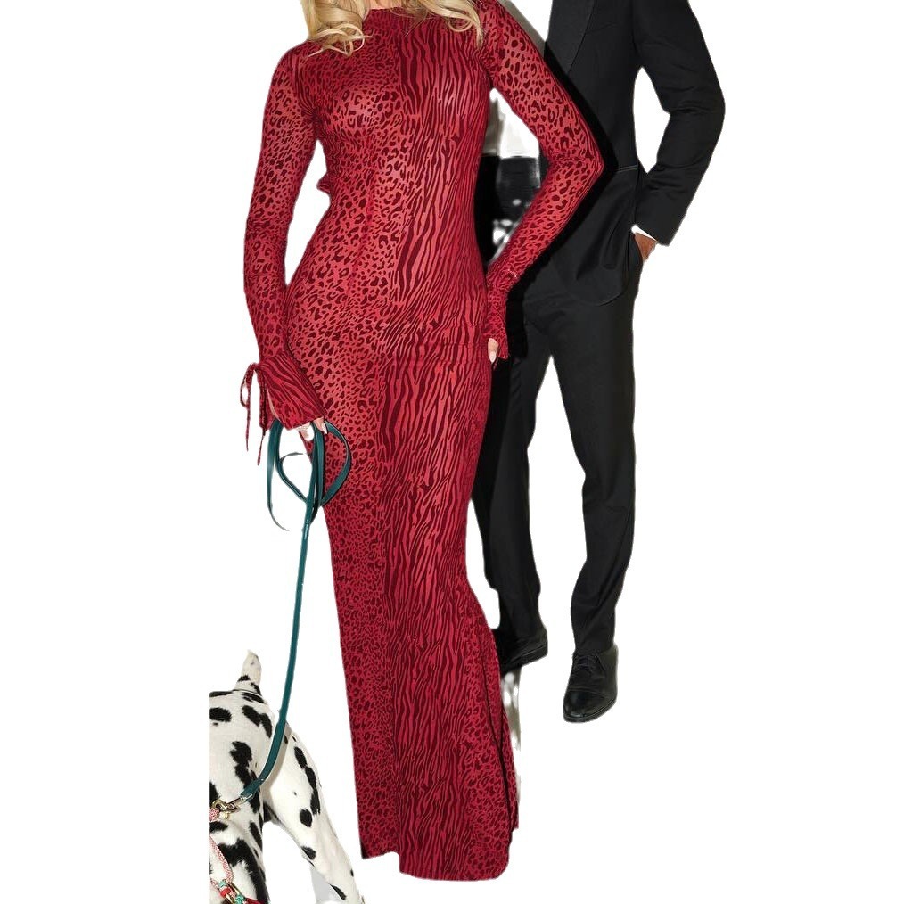 European and American cross-border sexy backless summer dress with flared sleeves and red leopard print mesh - view 6