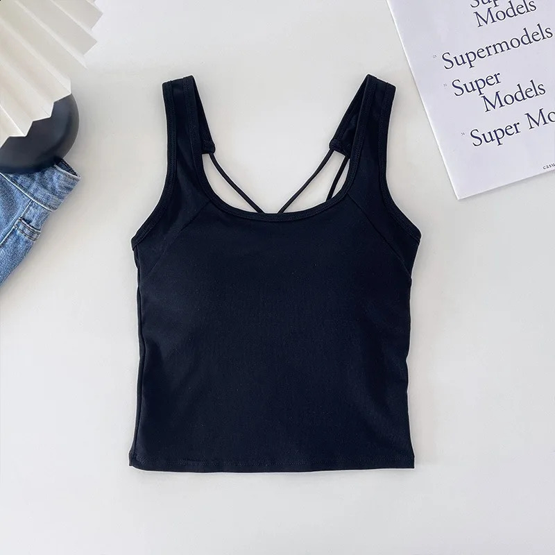 Solid Tank Top for Women Crosssling Short Vest Sports with Built in Bra Onepiece Sleeveless Slim Fashion Crop Female 260618 - view 3