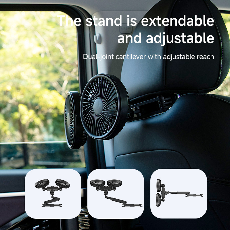 Telescopic Dual Joint Car Dual Head Fan Multi Angle Rear Seat Cooling Fan