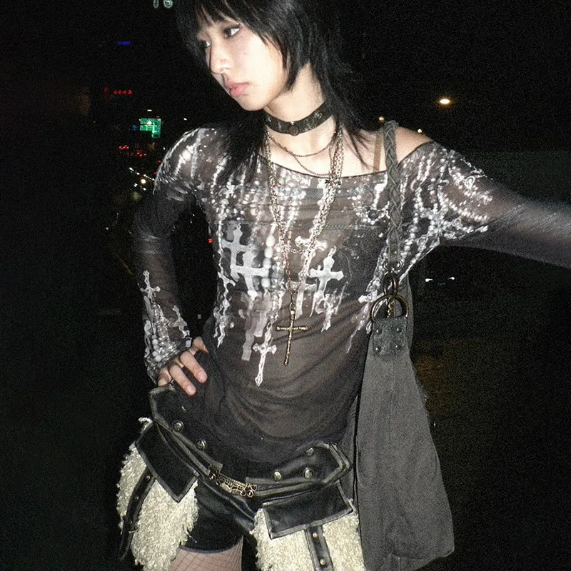 Karrram Grunge Aesthetics Mesh Tops Japanese Y2k Tattoo Print Sheer Vintage Harajuku See Through Long Sleeve Tshirt Gothic 260625 - view 7