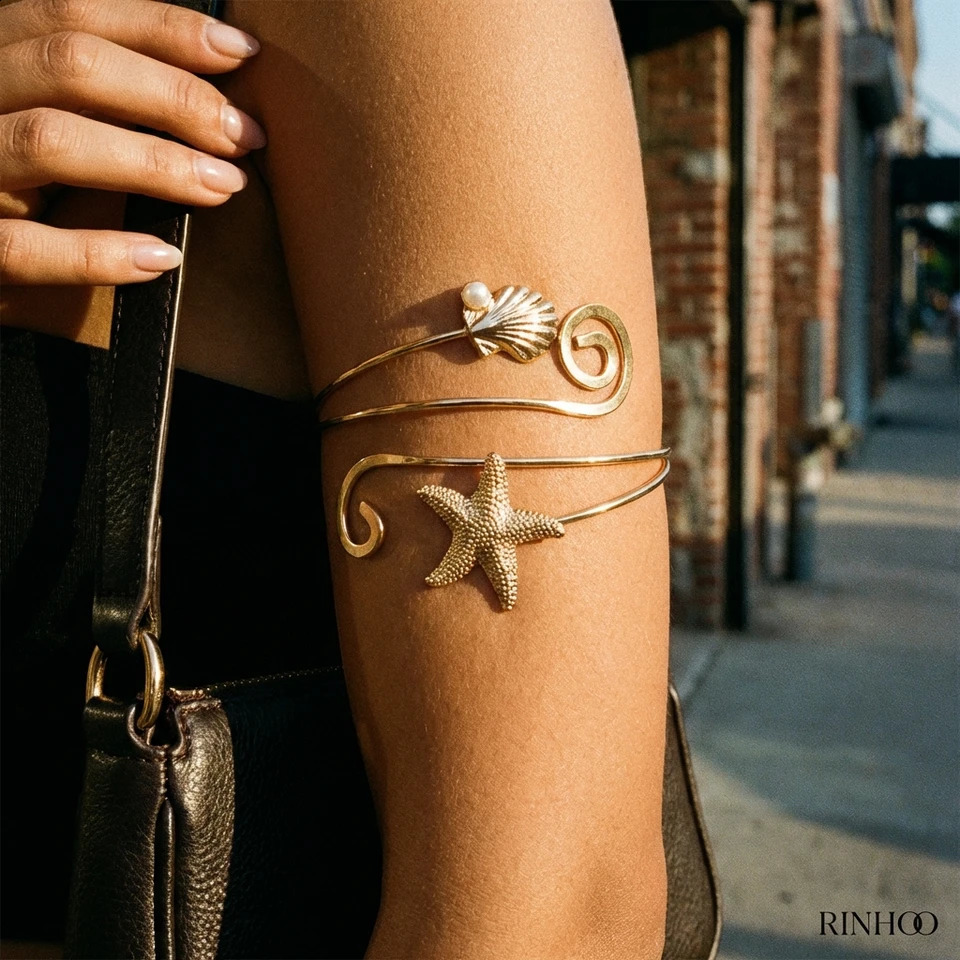 Boho Gold Color Starfish Shell Upper Arm Bracelet for Women Iron Texture Musical Note Pearl Bangle Summer Jewelry Gift 260625