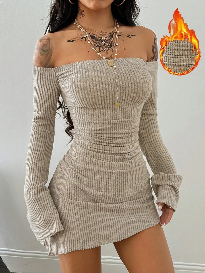 Elegant Solid Color Knitted OffShoulder Slim Asymmetrical Dress for Ladies Fashionable Casual Maxi Length ALine Gown 260625 - view 5