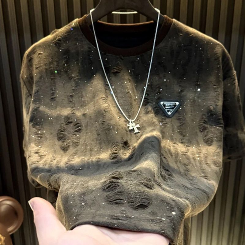 Ripped Starry Men's Short 2026 Light Luxury Hot-Selling New Trendy Round Neck T-Shirt Half Sleeve Top - view 4