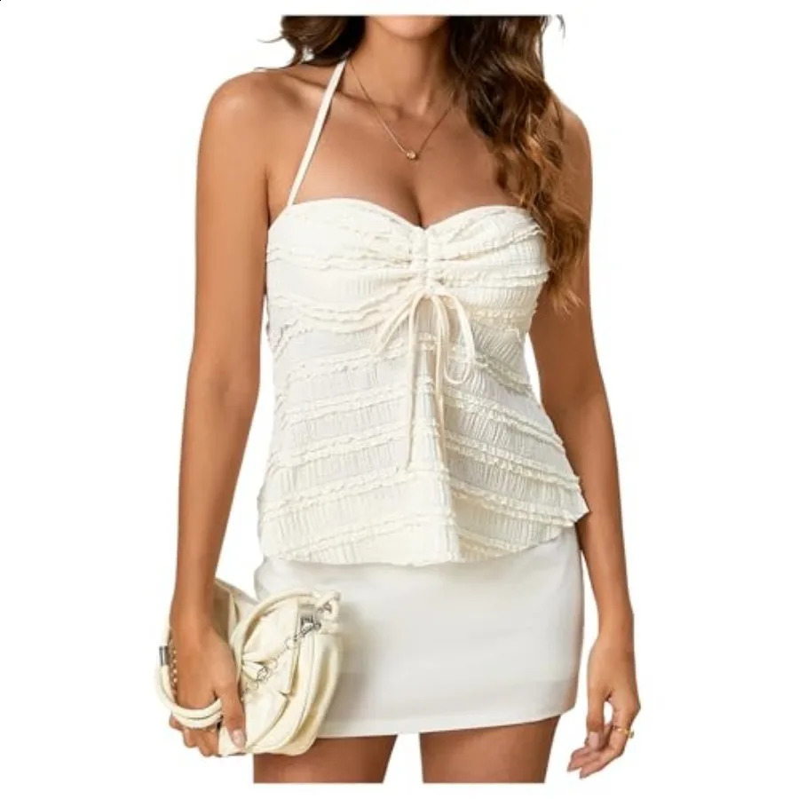SOLY HUX Womens Peplum Halter Crop Tops Y2K Drawstring Tie Ruched Dressy Casual Spaghetti Strap Cami Top 260616 - view 3