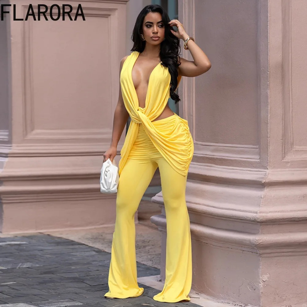 FLARORA Sexy Cross Knot Ruched Flare Jumpsuits Woman Chic Deep V Sleeveless Backless Peach Hip Skinny Playsuits Party Clubwear 260626 - view 4