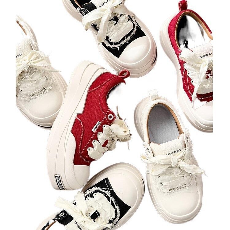 New Vintage Fringed Canvas Platform Shoes for Men Wavy Thick Sole Raw Frayed Edge Lace Up Streetwear Walking Sneakers - view 6