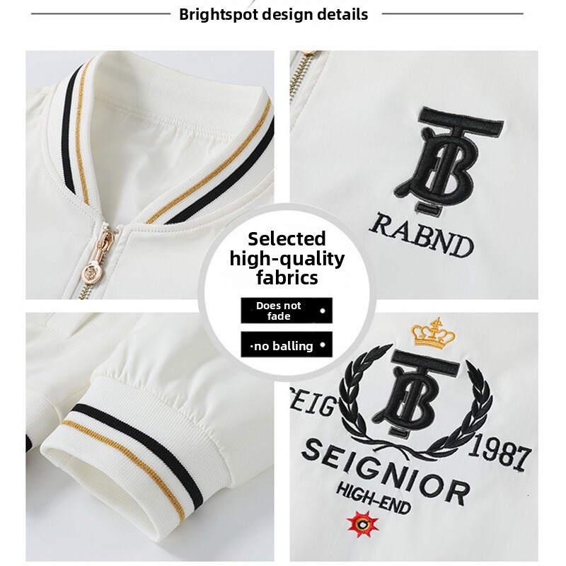 Men's Embroidered Jacket, Casual White Acetate Baseball-Style Coat with Hood, Slim-Fit Zipper Closure, Long Sleeves, Ribbed Trim, Appliqué SEIGNIOR Cr - view 4