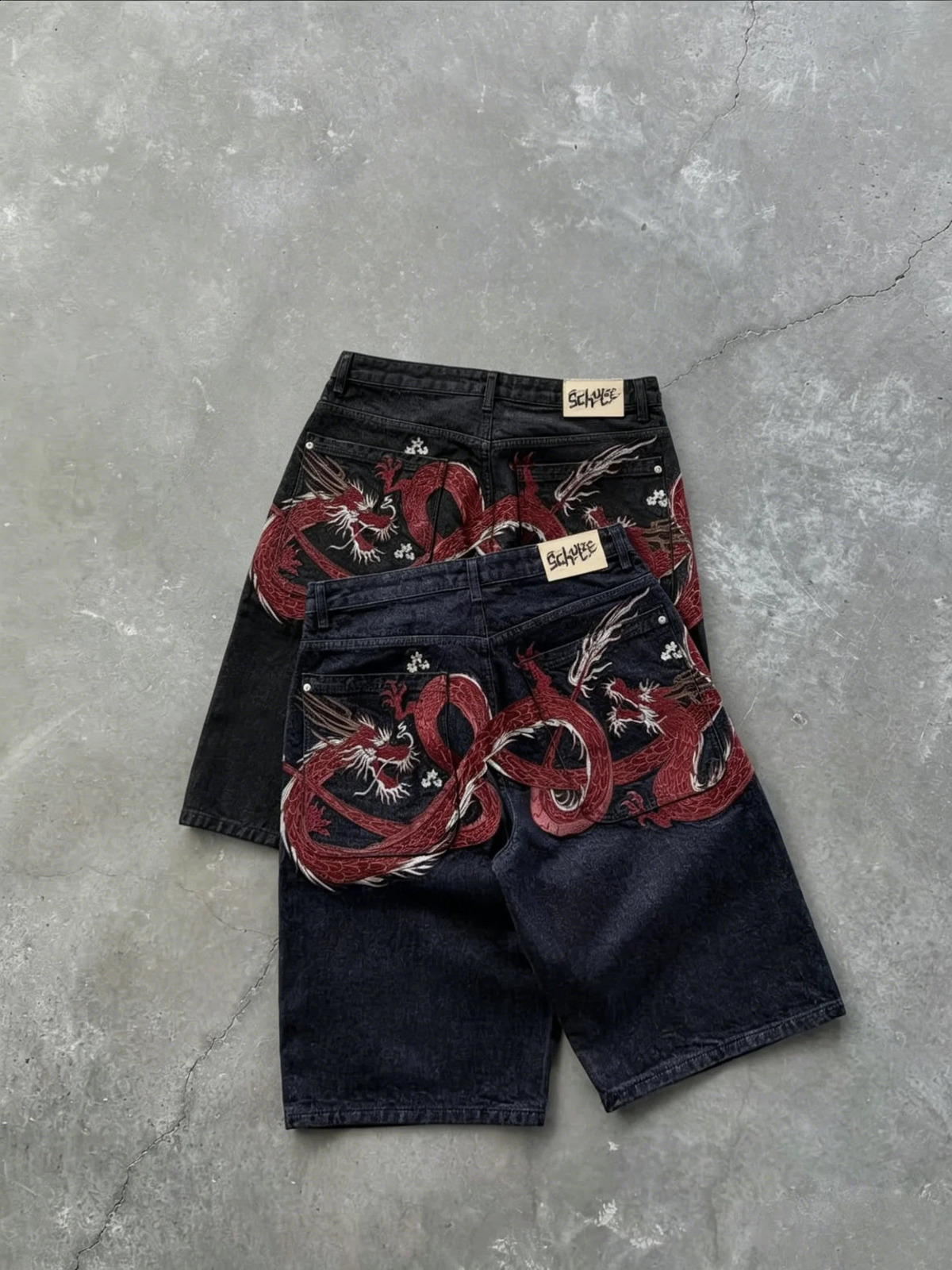 Men Couples Japanese Dragon Floral Embroidered Denim Shorts Loose Baggy Streetwear Washed Vintage Harajuku Y2K Summer Jeans 260625 - view 5