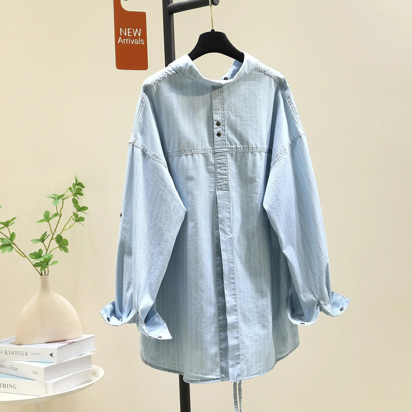 SuperAen Blue Striped Denim Loose and Casual n Shirts for Women Spring Office Lady Oversize Asymmetrical Shirts 260626