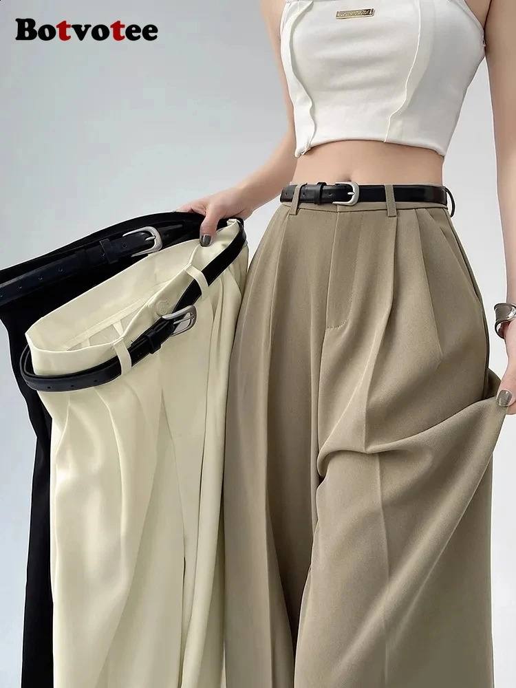 Botvotee Causal Suits Pants for Women Office Elegant Chic Wide Leg High Waisted Black Trousers with Belt Streetwear Y2k Fashion 260625