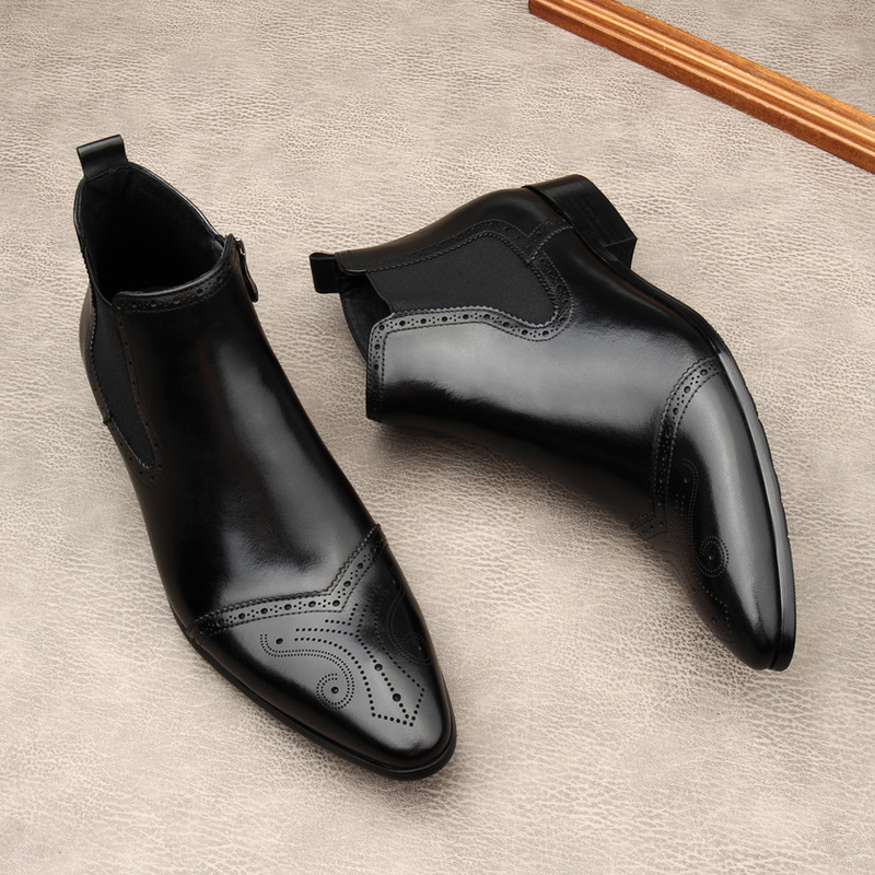 Men Winter Warm Wool Lined Chelsea Ankle Boots Genuine Leather Side Zipper Pointed Toe Brogue Dress Boots Formal Business Wedding Leather Boots For Ma - view 5