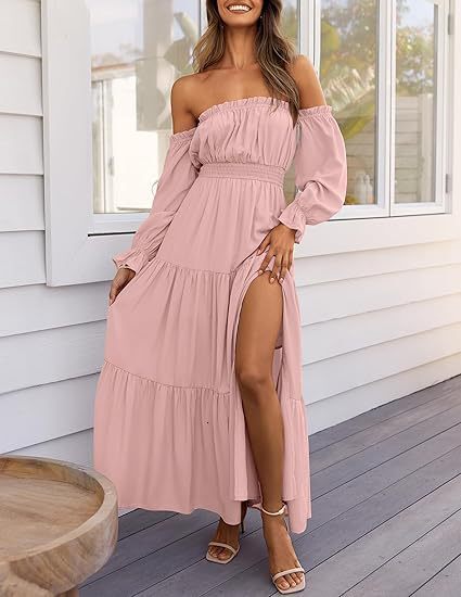 2025 Bohemian Sexy Off-Shoulder Long-Sleeve Ruched High-Waisted Side-Slit Flowing A-Line Layered Maxi Dress - view 5