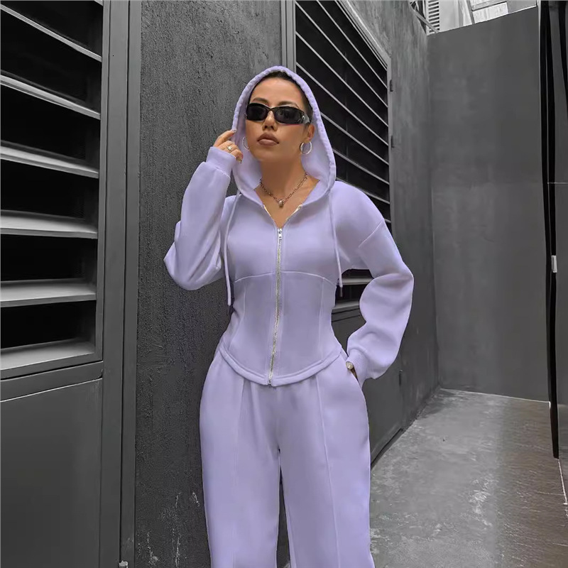 Cross-border independent store autumn/winter Amazon European American women's fashion hooded cardigan slim-fit sweatshirt and wide-leg pants two- - view 5