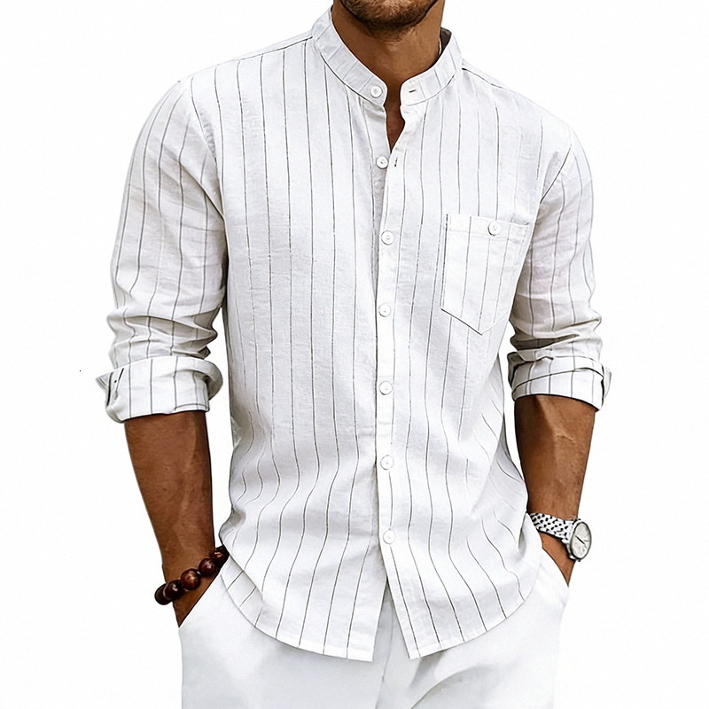 Mens Linen Stand Collar Striped Shirt Spring and Autumn Casual Commuting Trendy Slim Fit Long Sleeve Shirt - view 3