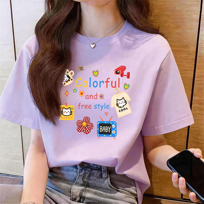 Women's Cotton T-Shirt, 100% Cotton Graphic Tie-Dye Print, Relaxed-Fit Short-Sleeve Casual Top with Stand Collar and Button Detail, Waterproof Summer  - view 4