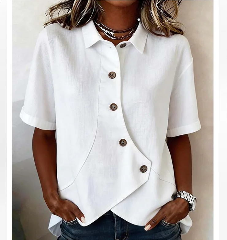 Summer Womens Casual Solid Irregular Shirt Fashion Elegant Top Button Short Sleeve Holiday Party Tops And Blouses 260626