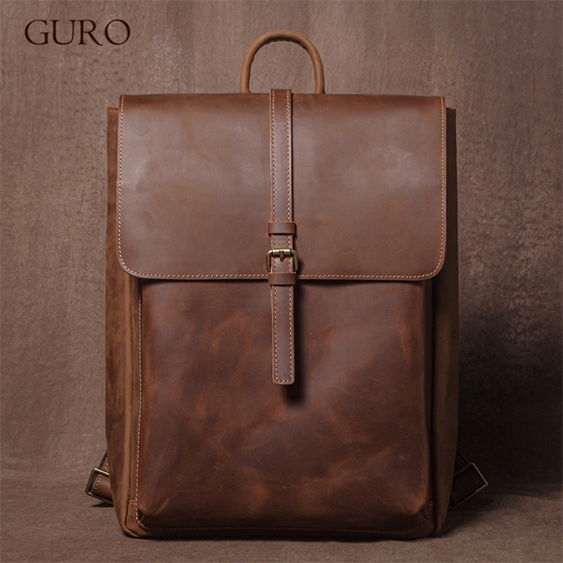 GURO Mens Retro Genuine Leather Backpack Simple Flap Travel Bag Women Natural Cowhide Deluxe Schoolbag Daily Backpacks y260615
