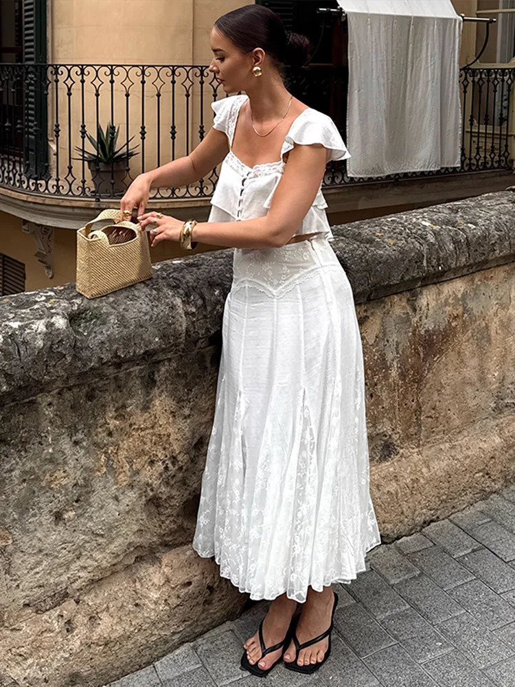 2026 Summer Fashion Square Neck Ruffled Crop Top Pleated Midi Skirt 2Piece Set Elegant Boho Resort Vacation Casual Outfits 260625 - view 3
