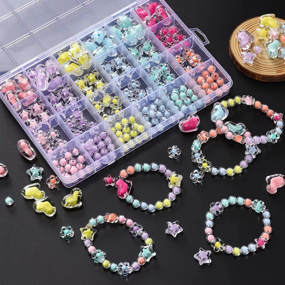 174pcsBox Heart Acrylic Beads Flower Round Spacer Loose Beads Kits for Bracelet Keychain Jewelry Making Accessories 260626 - view 1