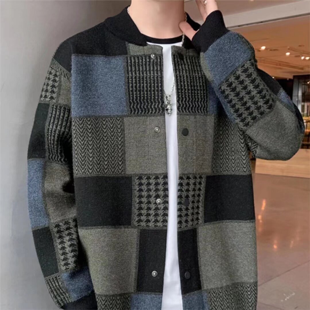 Plaid Knit Cardigan New Men's Japanese Style Trendy Loose Baseball Collar Casual Versatile Sweater