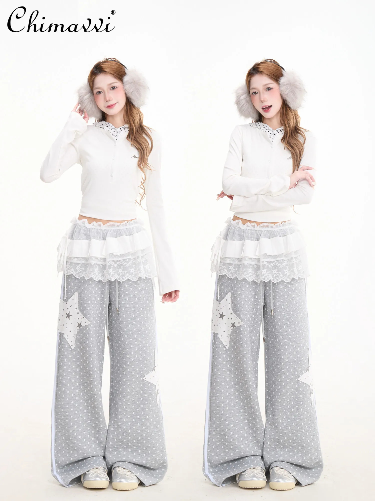 Japanese Fashion Cute Polka Dot Allover Printed Star Patch Sweatpants Women Summer Retro Straightleg Draped Casual Pants 260625 - view 5