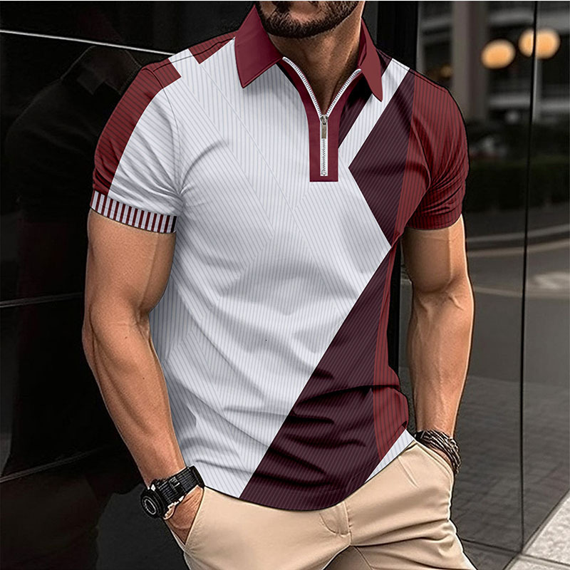 New European And Men's Casual POLO Shirt, Summer Striped Turn-Down Collar Zippered Business T-Shirt Top - view 3