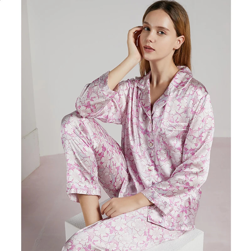 19MM 100 Mulberry Silk Pajama Sleepwear Lady Longsleeved TrousersTwopiece Spring Summer Loose Sexy Home Clothes 260625
