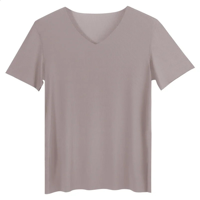 Summer ice silk mens shortsleeved solidcolor Tshirt Vneck sleeveless top base layer shirt fitted underwear 260626
