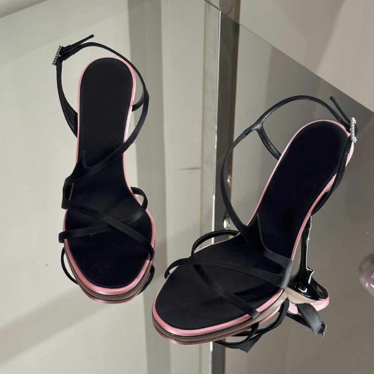 Women 2026 Black Stiletto High Heeled Shoes New Summer Model Open Toe One Strap Satin Color Blocking Elegant And Versatile Women S Sandals - view 3
