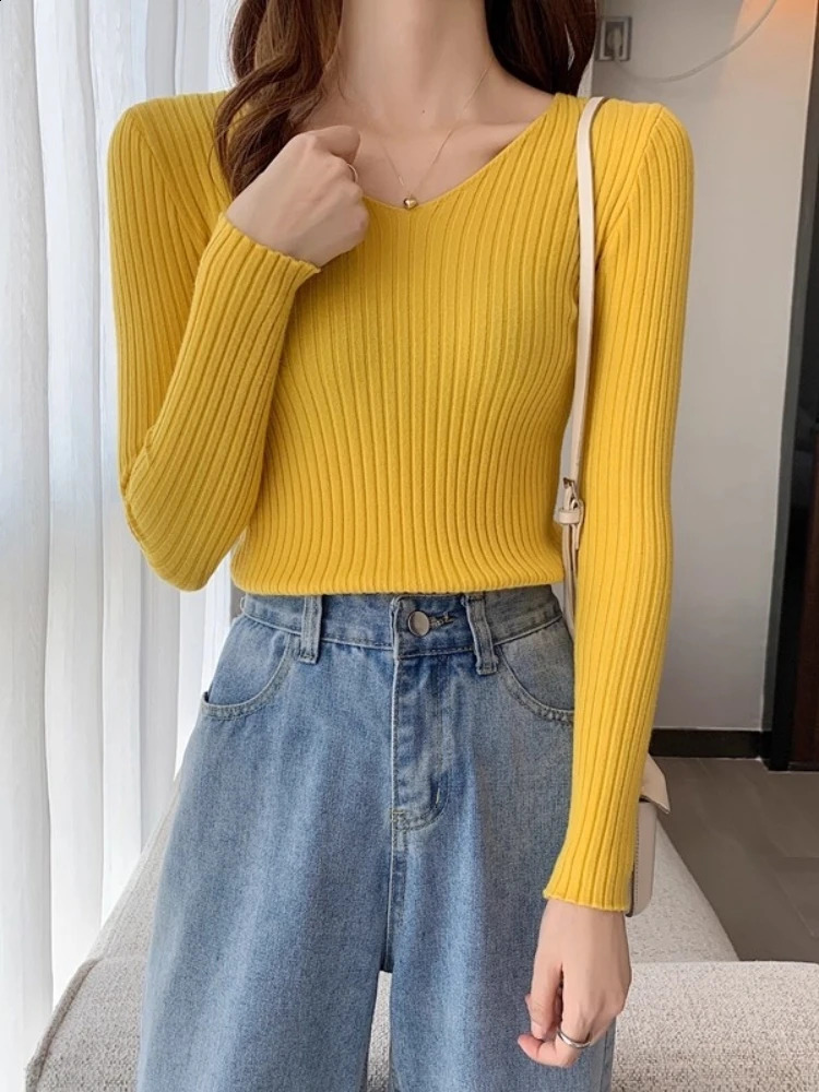 2026 Korean Autumn Winter V Neck Sweater Fashion Casual Long Sleeve Knitted Sweaters Solid Color Slim Pullovers Women Clothes 260626 - view 5