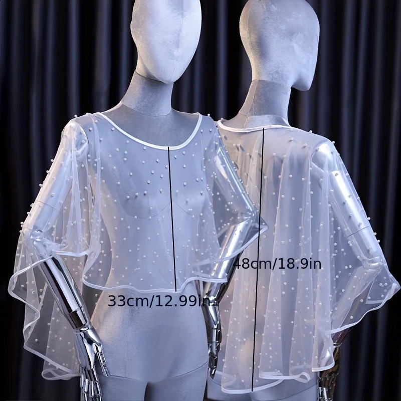 White Pearl Net Shawl for Bridal Wedding Short Sleeve Style with Plain Silk Edge 260625 - view 5