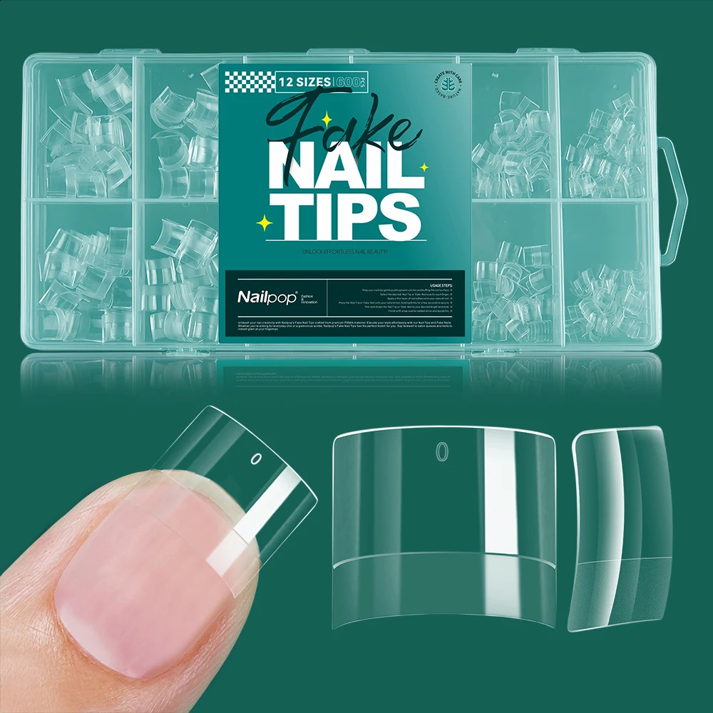 Nailpop Short Nail Tips Half Cover 600PCS Short Square Soft Gel Pre-shaped Clear False Nails with Handles for Nail Salon 260626